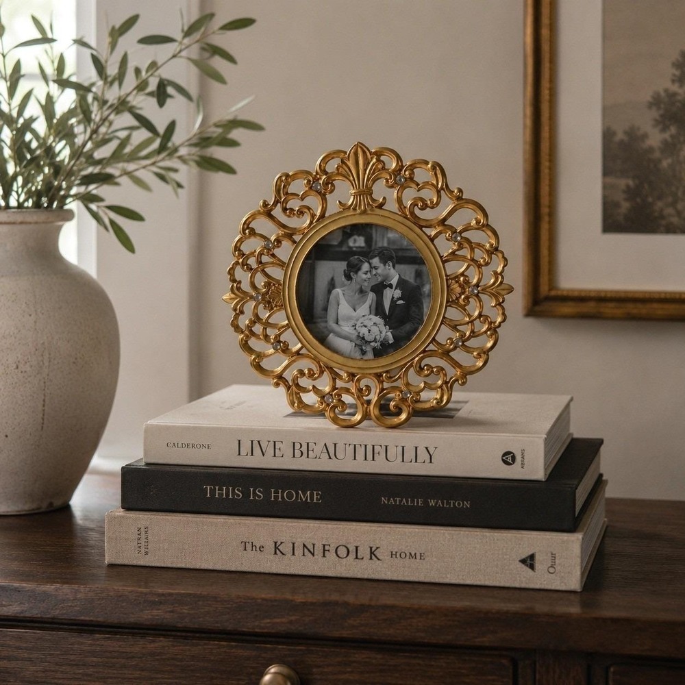 Russ Berrie Fleur de Lis Gold Scrollwork Round Photo Frame Rhinestone 1990s